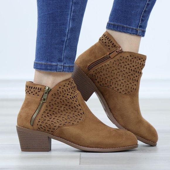 Shoes - Tan Round Toe Low Heel Ankle Boots Faux Suede Lacer Cut Design